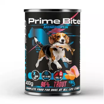 PRIME BITE Monoprotein Upėtakis su saldžiąja bulve – šlapi šunų ėdalas – 400 g
