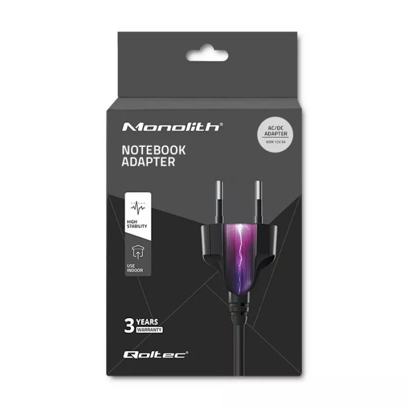 Qoltec 50797 stalinis maitinimo šaltinis 60 W, 12 V, 5 A, 5,5x2,1 mm, su maitinimo kabeliu