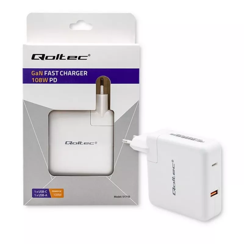 Qoltec GaN Charger FAST 108W | 5-20V | 3-4.7A | USB C | Baltas