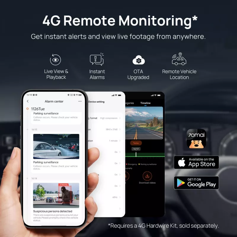 Vaizdo registratorius 70mai A810S 4K Ultra HD, 3840×2160, 146° FOV, 3 colių IPS, Wi‑Fi 6, GPS, MicroSD iki 512 GB, maitinimas iš cigaretinio lizdo