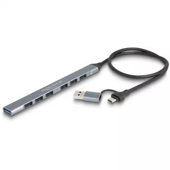 DELOCK 4 prievadų plonas USB šakotuvas — USB 3.2 Gen 1 Host Type-C, 3× USB 5 Gbps Type-C + 1× USB 5 Gbps Type-A, pilkas, metalas