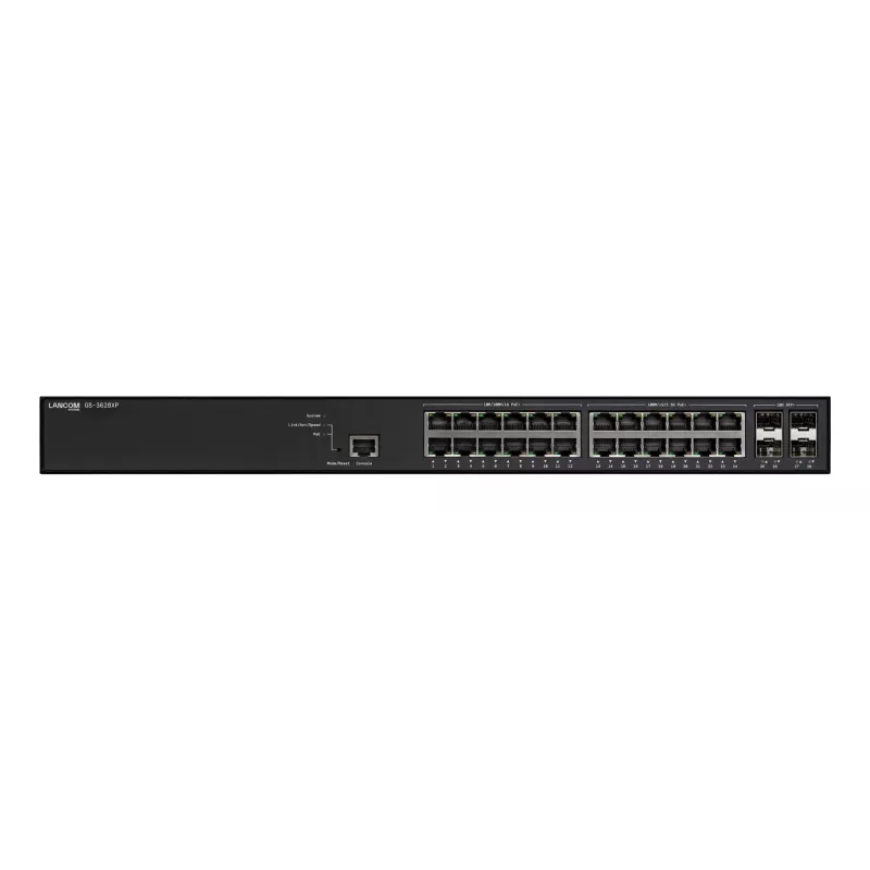 Valdomas LANCOM GS-3628XP jungiklis, 24× 2,5G RJ-45 prievadai, PoE, L2/L3, 1U stelažinis