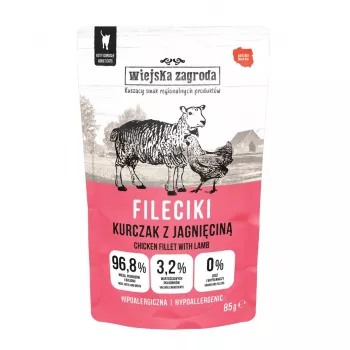 Šlapias kačių ėdalas Wiejskazagroda Vištienos filė su ėriena 85 g – suaugusioms katėms, be grūdų, vienkartinis paketėlis