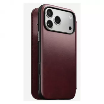 Mobilaus telefono dėklas Nomad Modern Leather Folio, skirtas iPhone 17 Pro Max – oda, TPU, PC, aliuminis, bordo spalvos, 16 cm (6,3 colio)