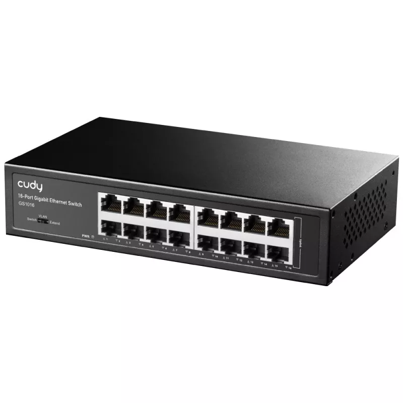 Tinklo jungiklis Cudy GS1016 — 16 prievadų Gigabit Ethernet (10/100/1000), 32 Gbit/s perjungimas, montuojamas stelaže, maitinamas kintamąja srove