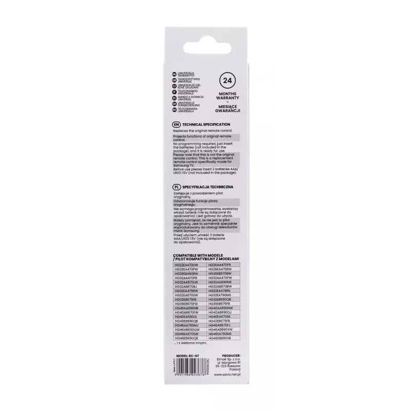 SAVIO nuotolinio valdymo pultas RC-07 Samsung TV, IR belaidis, juodas, mygtukinis