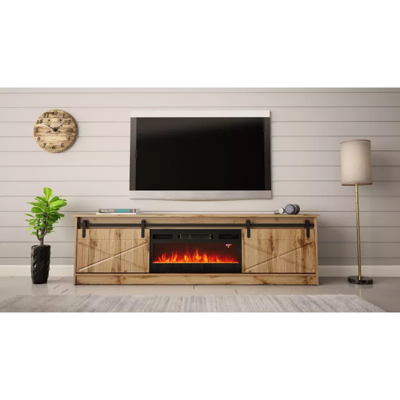 TV spintelė Cama Meble GRANERO su židinio moduliu, Wotan ąžuolas, 2000×350×567 mm, 2 durys, 2 lentynos