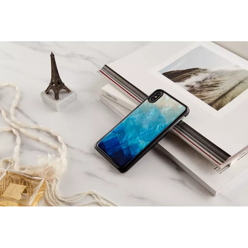 Dėklas iKins iPhone XS Max — mėlyno ežero raštas juoda apdaila
