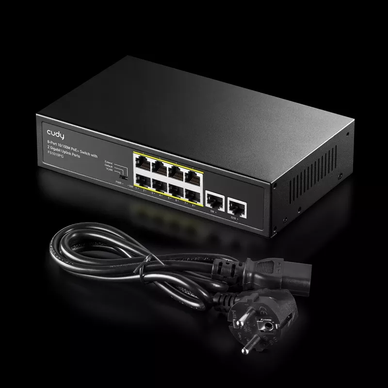 Tinklo jungiklis Cudy FS1010PG — 10/100 Mbps, 8 PoE prievadai, 2 uplink, 120 W PoE biudžetas, metalinis korpusas