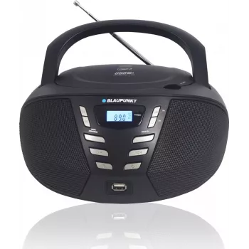 Nešiojamas CD grotuvas Blaupunkt BB7BK – MP3, FM radijas, USB, AUX, maitinimas baterijomis, 2× įmontuoti garsiakalbiai, 240×230×128 mm