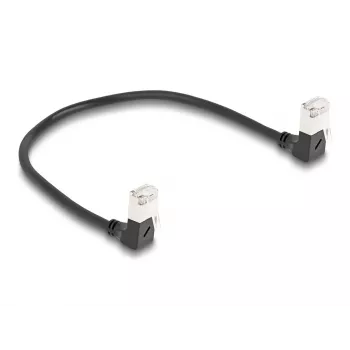 DeLOCK RJ45 tinklo kabelis Cat.6A S/FTP plonas 90° žemyn 0,25 m juodas