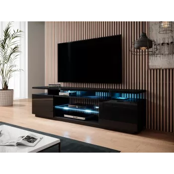Spintelė TV Cama Meble EVA 180x40x56 cm, juoda blizgi, MDF viršus, juodas rėmas