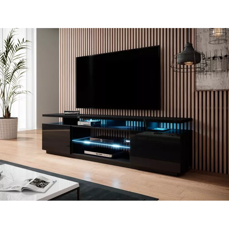 Spintelė TV Cama Meble EVA 180x40x56 cm, juoda blizgi, MDF viršus, juodas rėmas