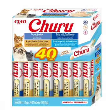 Drėgni skanėstai katėms INABA Churu Variety box Tunas su jūros gėrybėmis — 40 x 14 g pastos paketėlių, be grūdų, be cukraus