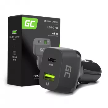 Automobilinis įkroviklis Green Cell CAD33, 42W, USB-C PD + USB-A QC3.0, 12/24V įėjimas, 5–12V išėjimas