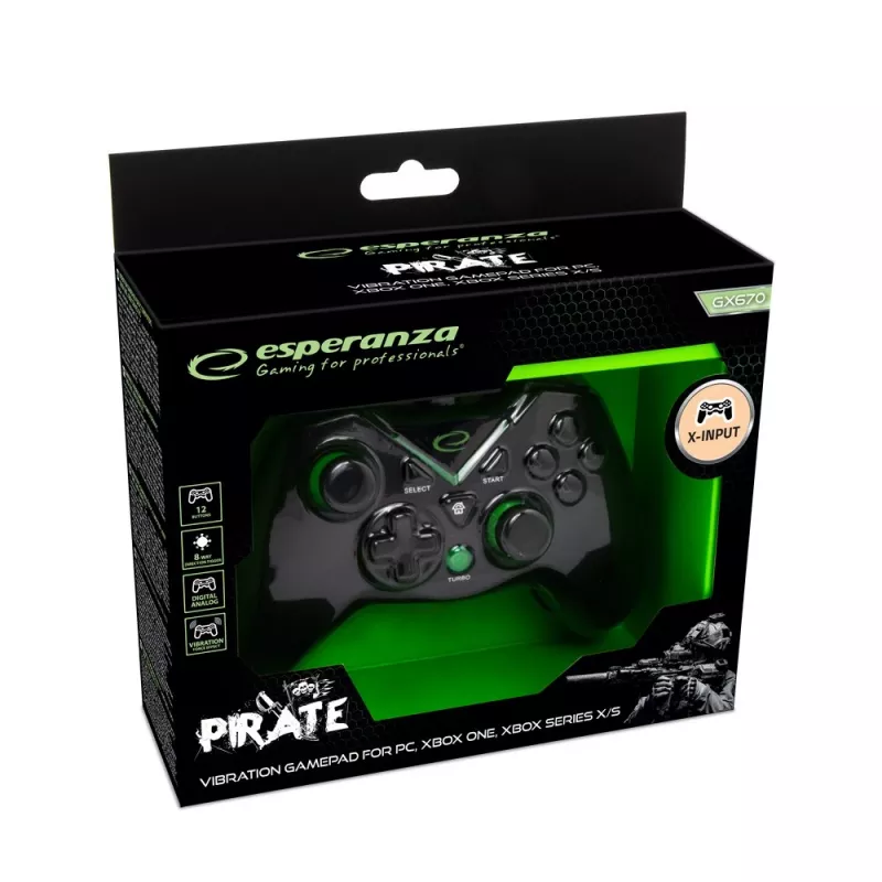 Žaidimų pultas Esperanza EGG114K laidinis USB 2.0 juodas – 12 mygtukų, 2 svirtys, vibracija, PC ir Xbox Series X/S/One