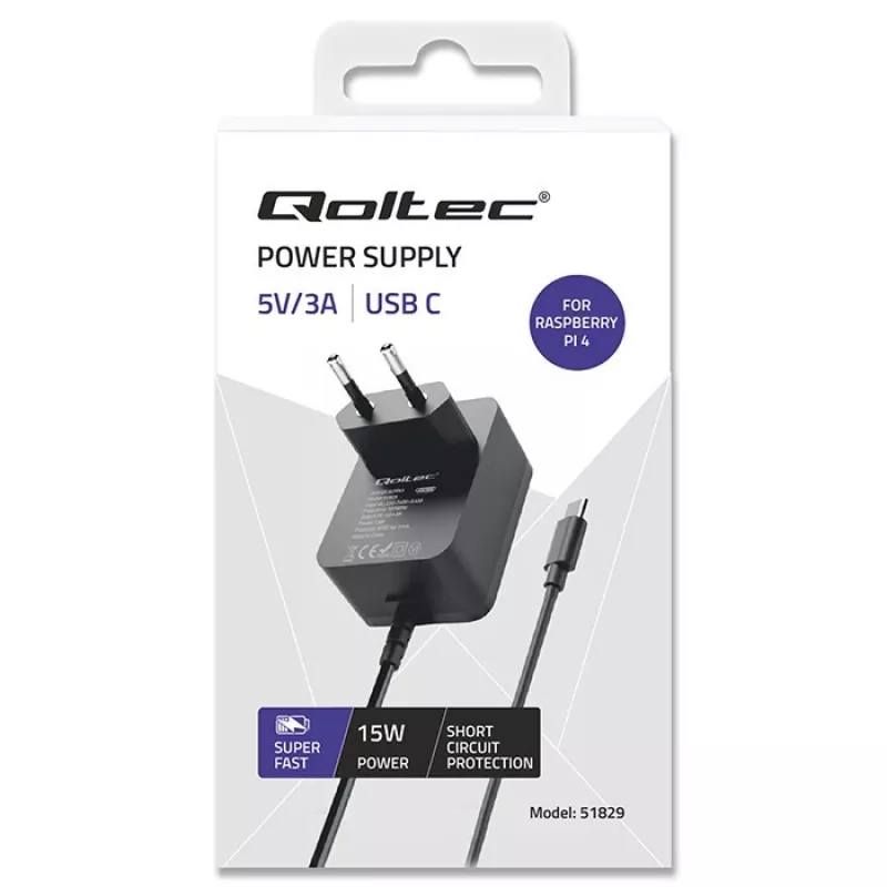 QOLTEC greitasis PD įkroviklis Raspberry Pi 4, USB-C, 15 W
