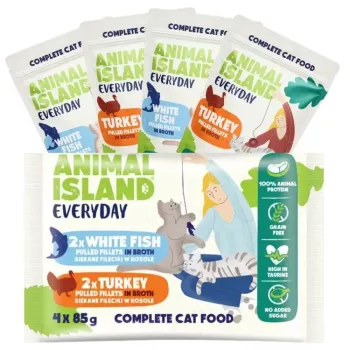 Šlapias kačių ėdalas animal island Everyday Kalakutiena ir Baltosios žuvies filė sultinyje 4×85 g pakeliai