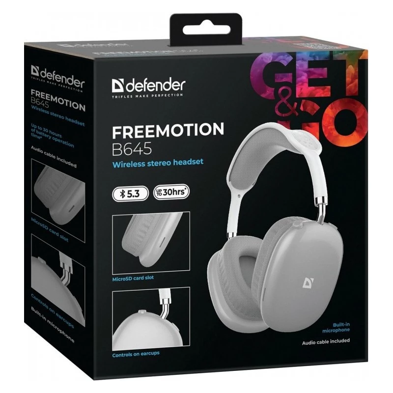 Belaidės ausinės ant galvos DEFENDER EEMOTION B645 — binauralinės, USB-C, AUX, 20–20 000 Hz, 105 dB