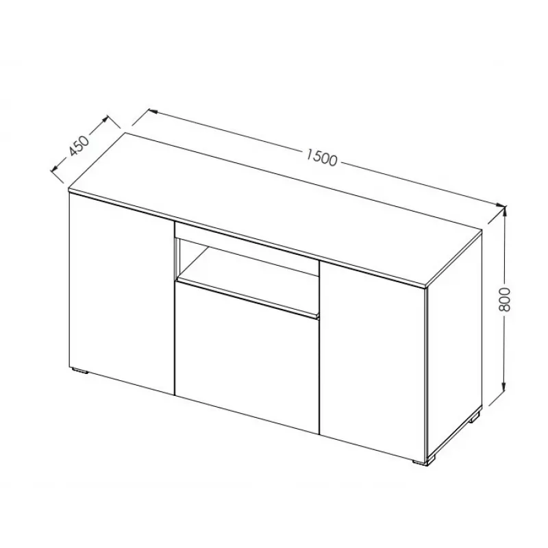 Sideboard Cama Meble VIVA 150 balta/balta blizgi ir sonoma ąžuolas, 3 durys, 5 lentynos, 1500×450×800 mm