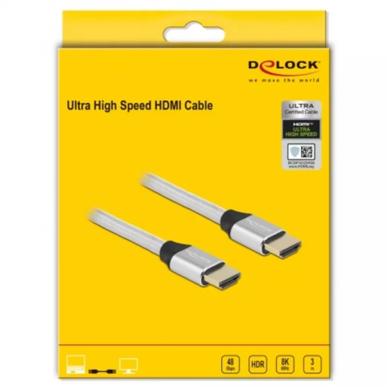 HDMI kabelis DeLOCK Ultra High Speed 48 Gbps 8K 60 Hz sidabrinis 3 m
