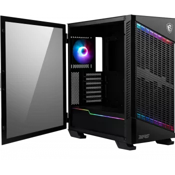 MSI MPG VELOX 100P AIRFLOW Midi Tower kompiuterio korpusas 'Juodas, 3x 120mm ventiliatorius + 1x 120mm ARGB ventiliatorius, ARGB šviesos juosta, USB Type-C, 1x grūdintas stiklas, Centras, E-ATX, ATX, mATX, mini-ITX'