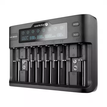 Įkroviklis baterijoms everActive UC-800 AC 12V 3A – LiFePO4/LiPo/NiMH, AA/AAA/9V, iki 10 baterijų, 12 V įėjimas, ekranas, juodas
