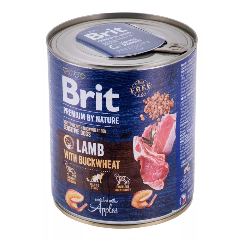 Šlapias šunų ėdalas Brit Premium by Nature ėriena su grikiais 800 g, be grūdų, suaugusiems šunims, skardinė