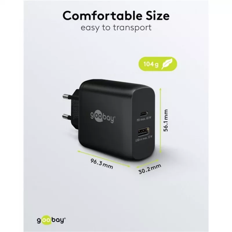 USB-C dvigubas greitas įkroviklis, PD, GaN, 65 W (juodas, 1x USB-C, 1x USB-A, Power Delivery)