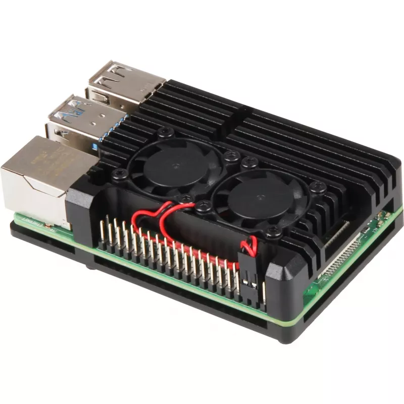 JOY-IT RPI CASE ALU07F - Korpusas Raspberry Pi 4, Aliuminis, Ventiliatorius, Juodas (RB-ALUCASEP4+07FAN)