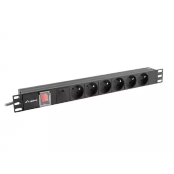 Maitinimo skirstytuvas LANBERG PDU-06E-0200-BK — 6x E tipo lizdai, 16 A, 2 m laidas, 1U stelažas, 220–250 V