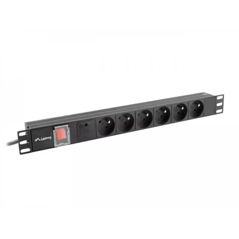 Maitinimo skirstytuvas LANBERG PDU-06E-0200-BK — 6x E tipo lizdai, 16 A, 2 m laidas, 1U stelažas, 220–250 V
