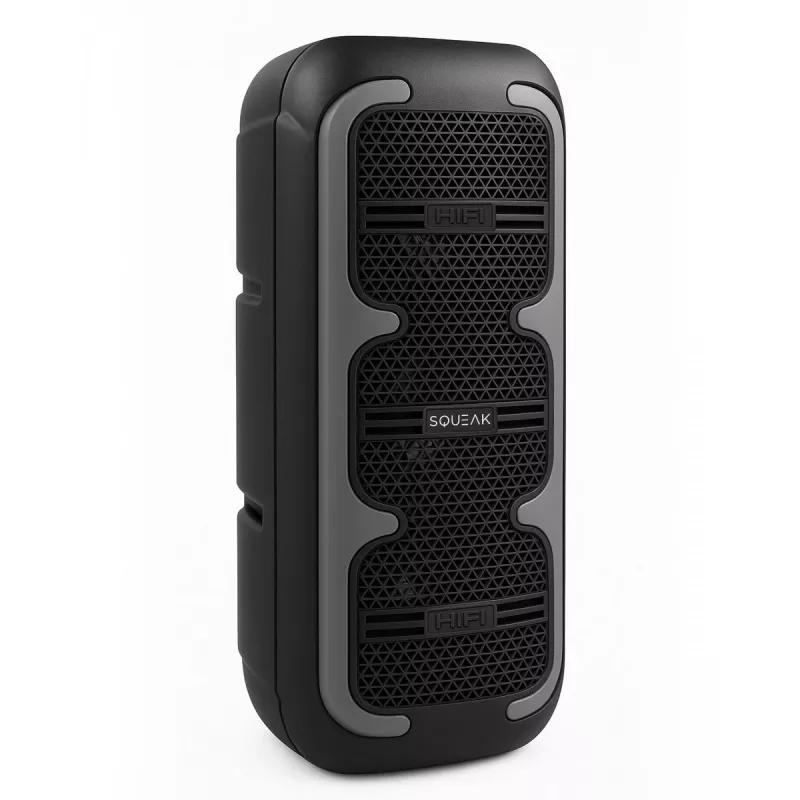 Nešiojamas stereo garsiakalbis SQUEAK SQ1009 – Bluetooth 5.3, 45W RMS, 10h baterija, FM, USB, AUX, LED, 1800 mAh, Juodas