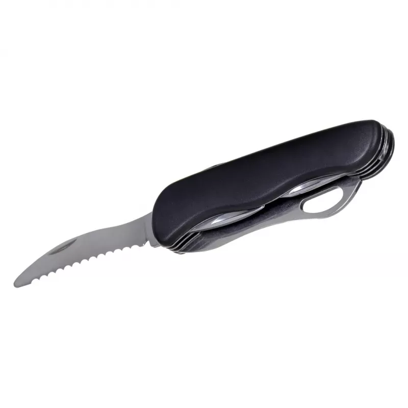 Daugiafunkcis peilis AZYMUT HK20018 – 9 įrankių kombinuotas įrankis, 420J2/3CR13 nerūdijantis plienas, sulankstytas 11 cm, 146 g, odinis dėklas, raktų žiedas