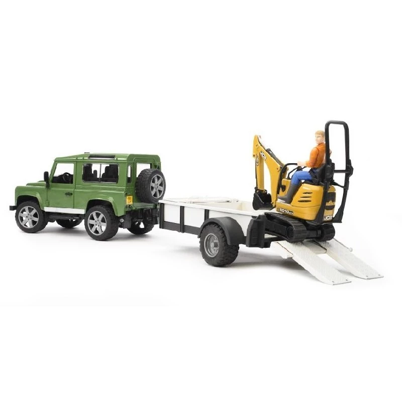 BRUDER Land Rover Defender su priekaba ir JCB mikroekskavatoriumi 8010 CTS bei statybininko figūrėle