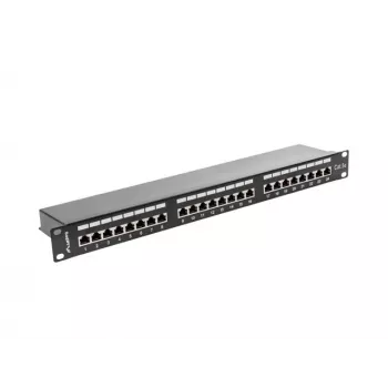 Patch panel 1U LANBERG PPS5-1024-B — 24 prievadų RJ-45 Cat5, metalinis, juodas, montavimui į stelažą
