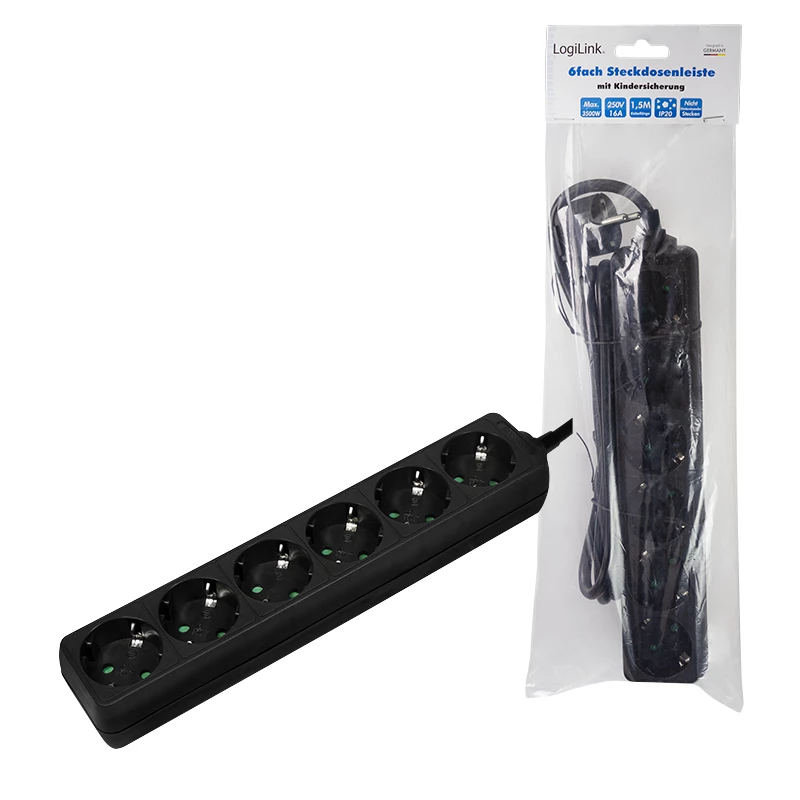 Prailginimo laidas LogiLink LPS238B 1,5 m, 6 lizdų, juodas