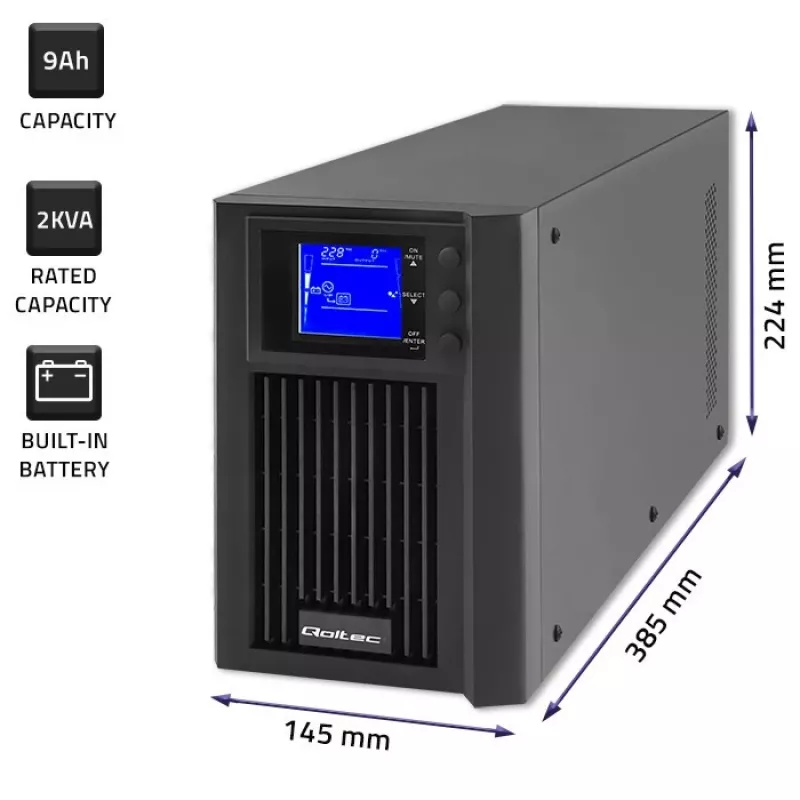 Nepertraukiamo maitinimo šaltinis QOLTEC 53981 Online 2kVA, 2000 VA