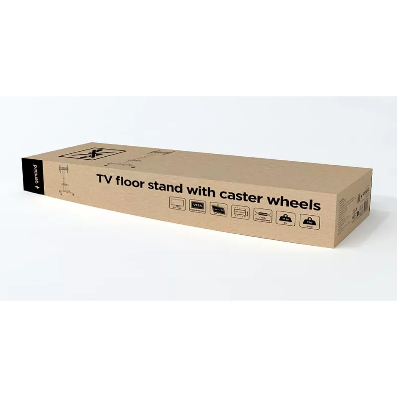 TV stovas GEMBIRD TVS-55T-01, 32–55 col., plieninis, reguliuojamas aukštis, VESA 100x100–400x400, pakreipimas, ratukai, max 35 kg
