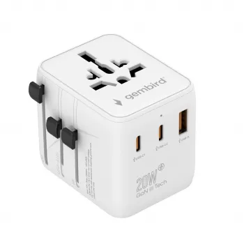 Keliaujantis maitinimo adapteris GEMBIRD TPA-1A2C20-01-W — 20 W, USB-A (18 W) + 2× USB-C (20 W), E tipo kištukas, baltas