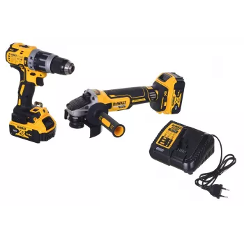 Belaidžių įrankių rinkinys DeWALT DCK2080P2T-QW – 18V Li-Ion 5Ah (2x), DCG405 šlifuoklis, gręžtuvas/suktuvas, M14 šlifavimo diskas, laikymo dėžė