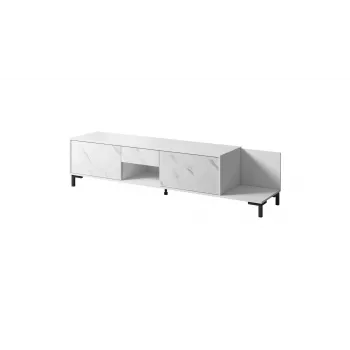 Spintelė TV Cama Meble MARMO 2D1S1K, 195x40x47,5 cm, balta matinė/marmuras baltas viršus