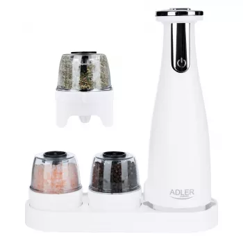 Druskos ir pipirų malūnėlių rinkinys Adler AD 4449W Steel White, keraminiai girnastekliai, 150 ml, įkrovimas per USB-C