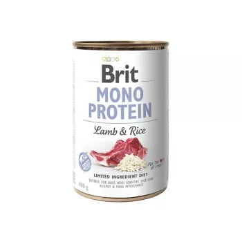 Šlapias šunų ėdalas Brit MONO PROTEIN ėriena su ryžiais 400 g – skardinė, suaugusiems šunims, vieno baltymo, be konservantų