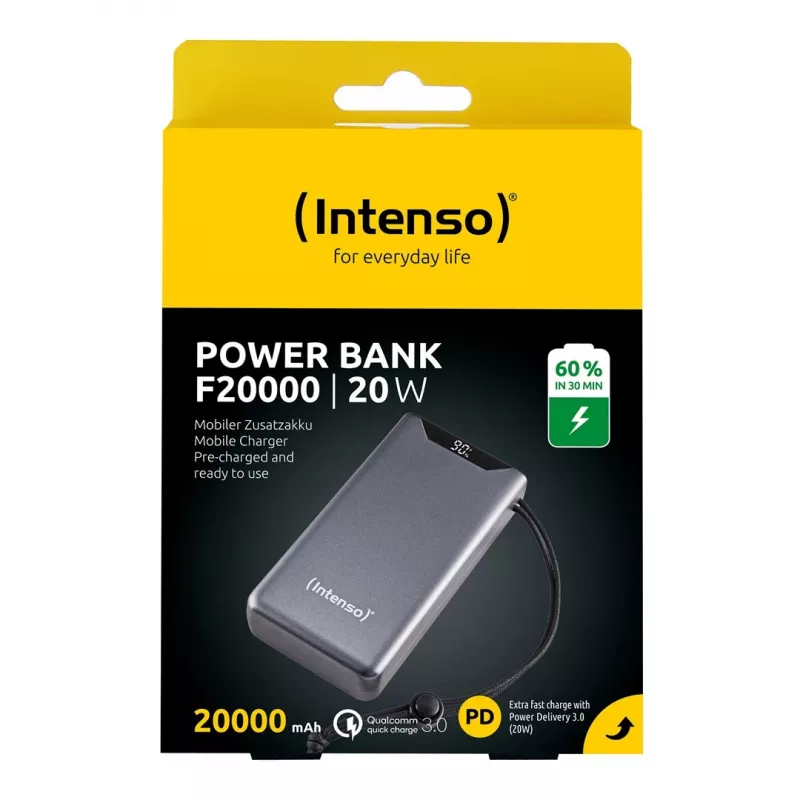 Power bank INTENSO 7332054 — 20000 mAh, PD 3.0 & QC 3.0, 20 W, USB-A + USB-C, pilka