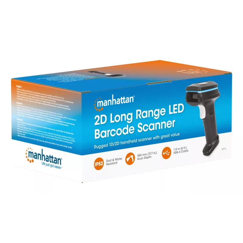 Manhattan 2D ilgo nuotolio LED brūkšninių kodų skaitytuvas, USB, 450 mm nuskaitymo gylis, maksimalus aplinkos apšvietimas 100 000 liuksų (saulės šviesa), palaikomos simbolikos – 1D (x21 versijos) ir 2D (x10 versijos), RJ45 į USB 1,8 m laidas (USB-A), juod