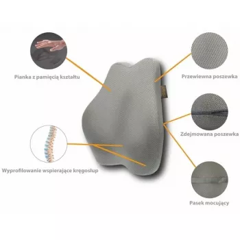 Juosmeninė atraminė pagalvėlė MDH DRQE3S0BBXUXP – ergonomiška iš atminties porolono, 450×410×105 mm, 55 kg/m³, pilka, su dėklu