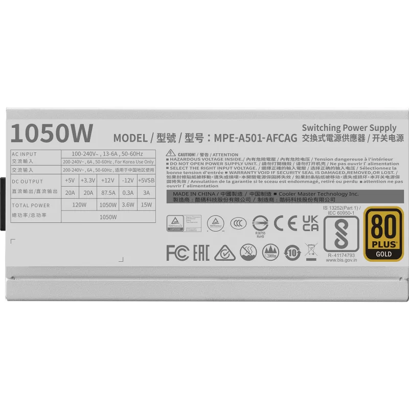 Cooler Master MWE Gold 1050 V2 ATX3.1 pilkas 1050W 90% efektyvumas (MPE-A501-AFCAG-3EGEU)