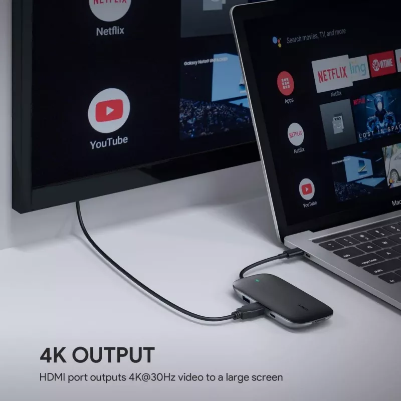 USB-C stotelė nešiojamam kompiuteriui AUKEY CB-C71 — 3x USB‑C (USB 3.2 Gen1), HDMI, RJ‑45, MicroSD, USB PD 100W, 0,15 m kabelis, juoda
