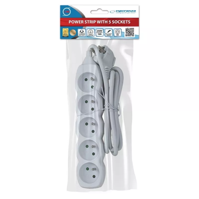 Prailginimo laidas ESPERANZA ELK207W — 1,5 m, 5 kištukinių lizdų (E tipas), vidaus naudojimui, 220–250 V
